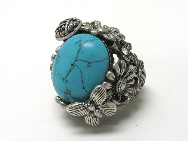 Turquoise stone and flower deco stretch ring