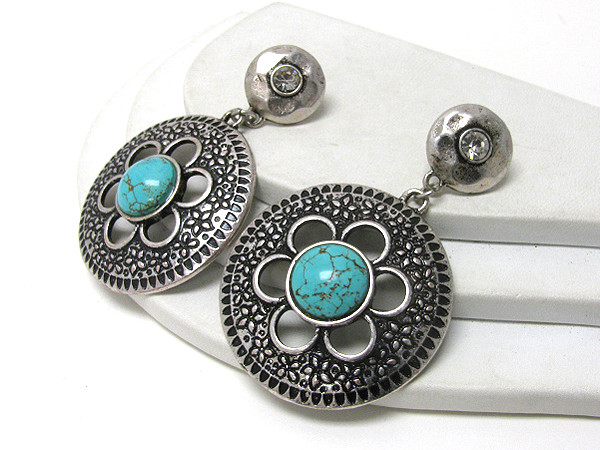 Turquoise center metal filigree disk drop earrings