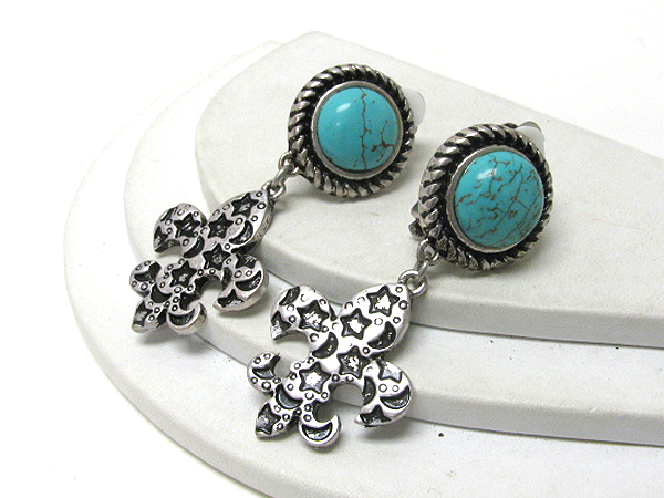 Turquoise and fluer de lis drop clip on earrings