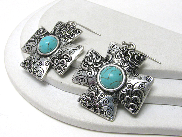 Turquoise center flower patterned cross earrings