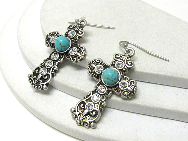 Turquoise center and crystal lined metal filigree cross earrings