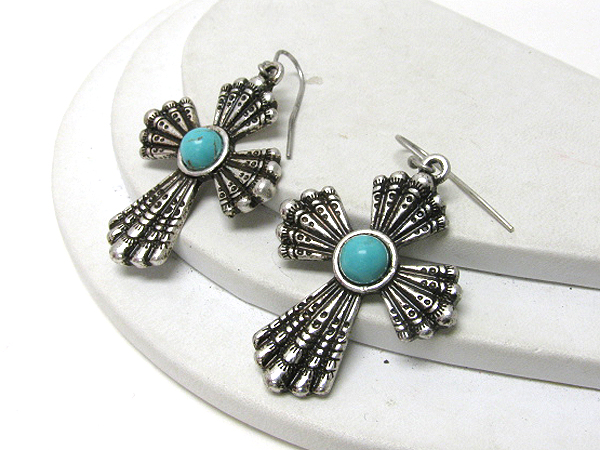 Turquoise center and metal filigree cross earrings