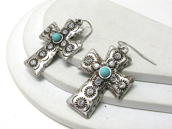 Turquoise center and crystal lined metal filigree cross earrings