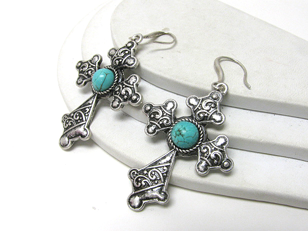 Turquoise center and metal filigree cross earrings