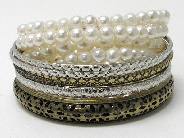 Crystal pearl and metal mixed bangle set of 8