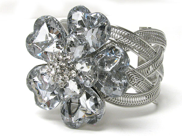 Crystal and glass stone flower top metal cuff bangle