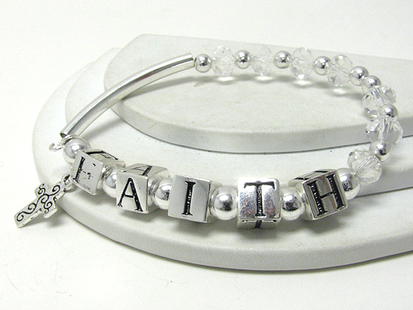 Multi acrylic beads and metal cube message stretch bracelet