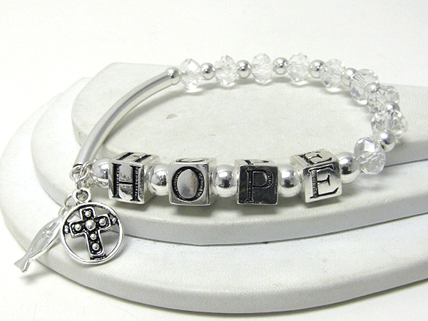 Multi acrylic beads and metal cube message stretch bracelet