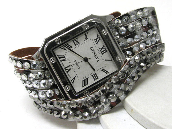 Crystal stud leather band fashion watch