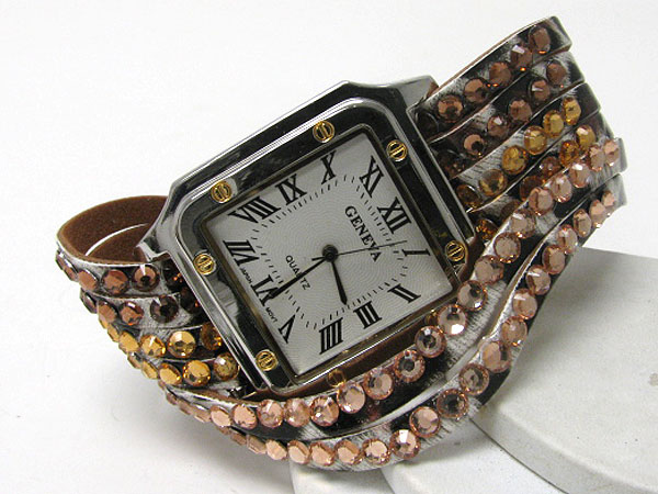 Crystal stud leather band fashion watch