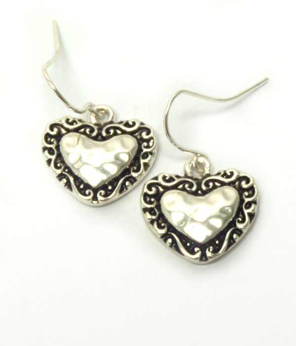 Heart shape metal textured hook earrings 