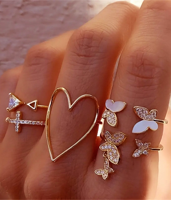 5 piece mix ring set - heart butterfly cross