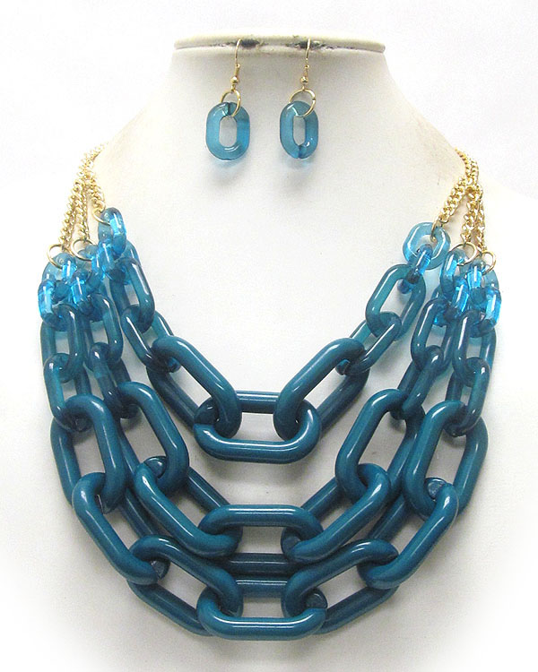 Three layered acrylic large chain link necklace earring set