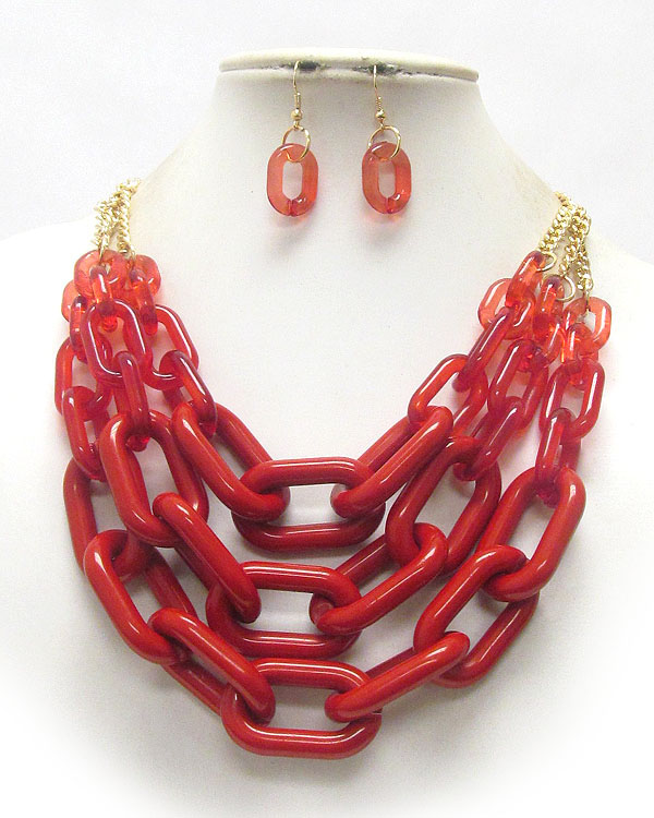 Three layered acrylic large chain link necklace earring set