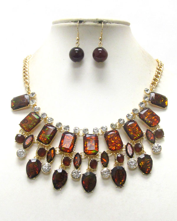 Multi abalone finish stone and crystal deco link necklace earring set