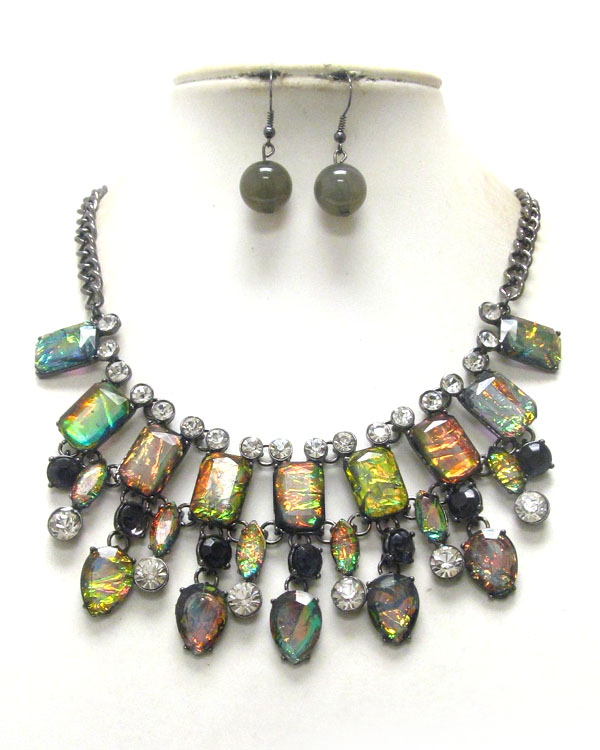 Multi abalone finish stone and crystal deco link necklace earring set