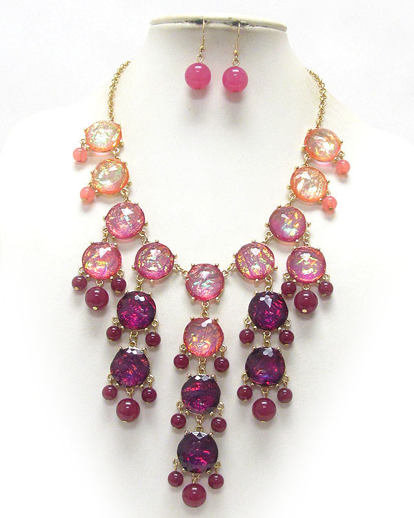 Abalone finish facet puffy acrylic stone link drop bubble necklace earring set