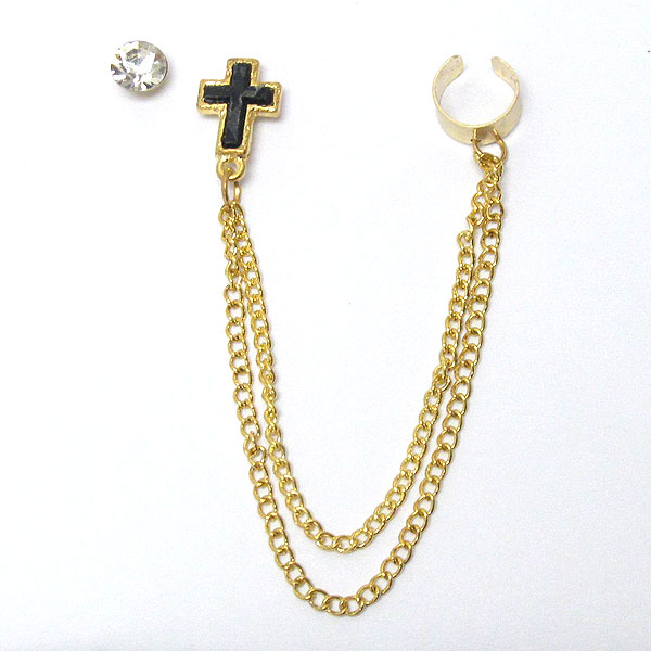 Crystal and epoxy cross and double chain drop earring