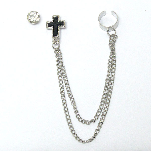 Crystal and epoxy cross and double chain drop earring