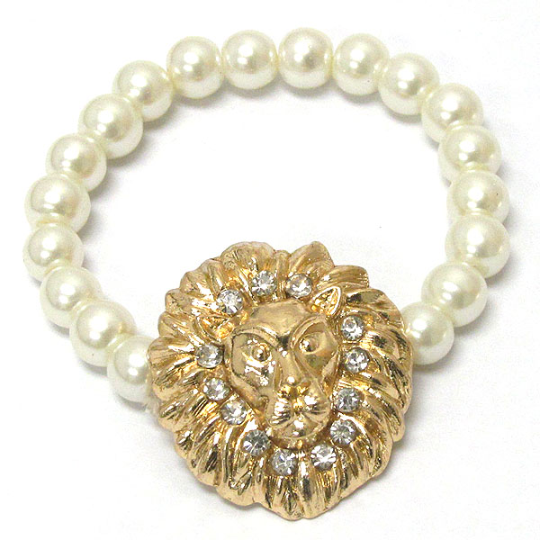 Crystal deco lion head and pearl stretch bracelet