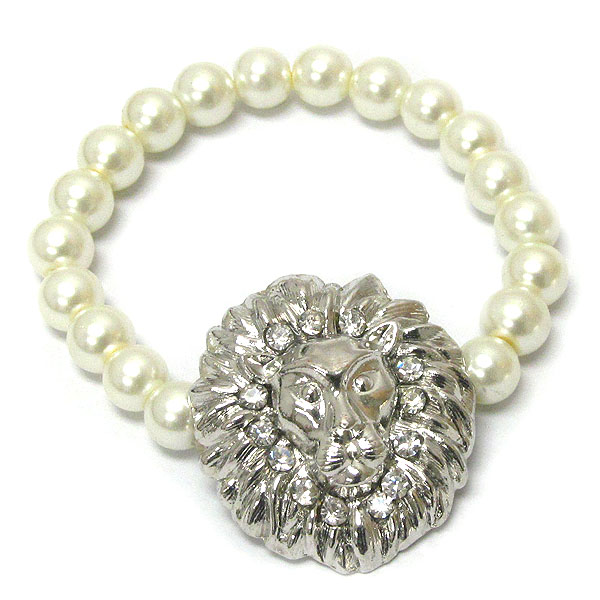 Crystal deco lion head and pearl stretch bracelet