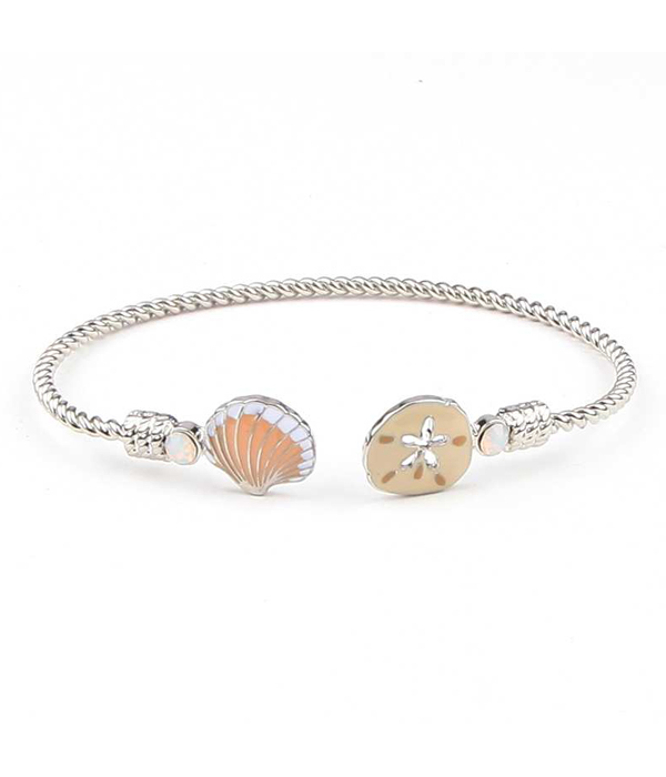 Sealife theme wire bangle bracelet - shell and sand dollar