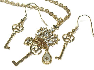 Designer inspired crystal crown and key dangle necklace and earring set