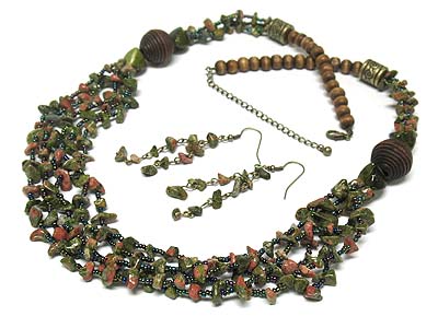 Multi strand semi precious stone necklace and earring set