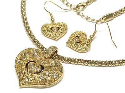 Crystal deco  metal filigree heart pendant necklace and earring set