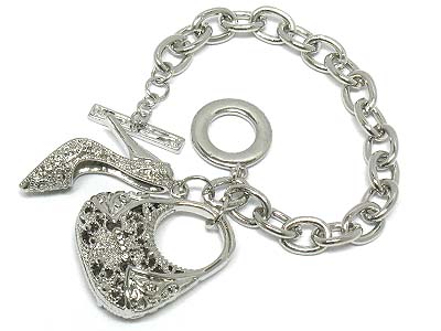 Metal filigree 3d handbag and high heel charm toggle bracelet