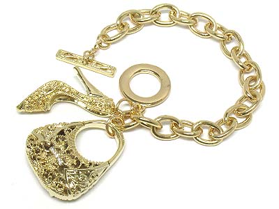 Metal filigree 3d handbag and high heel charm toggle bracelet