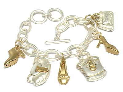 Two tone womens bag and shoe charm toggle bracelet