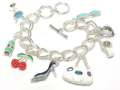 Crystal and enamel womens fashion out fit charm toggle bracelet