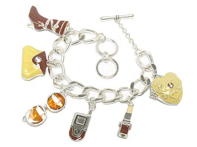 Crystal and enamel womens fashion out fit charm toggle bracelet