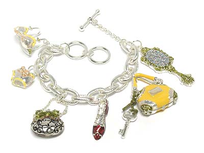 Crystal and enamel womens fashion out fit charm toggle bracelet