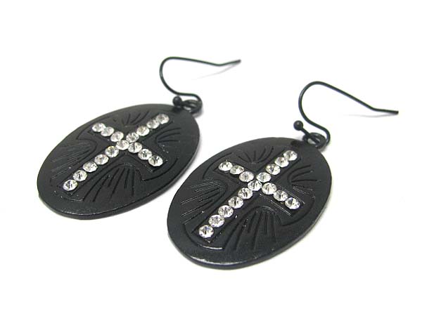 Crystal stud cross oval disk earring