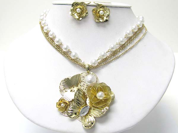 Crystal and pearl deco metal flower pendant necklace earring set