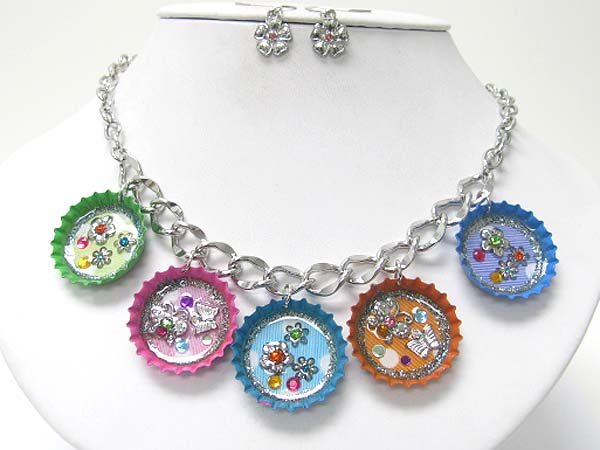 Multi bottle cap art flower charm dangle necklace earring set