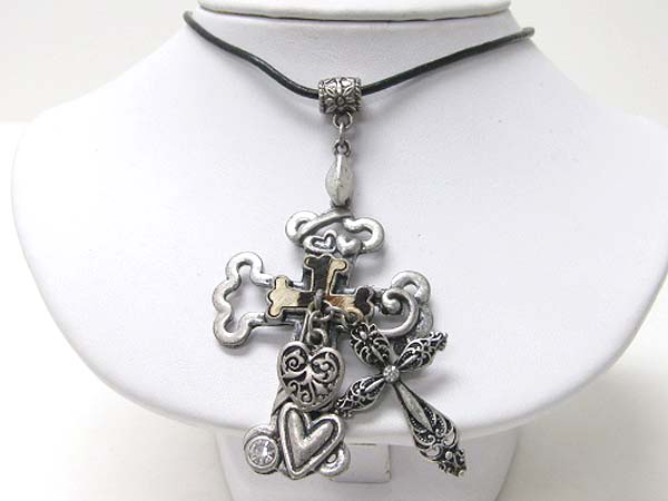 Multi burnish metal cross pendant necklace