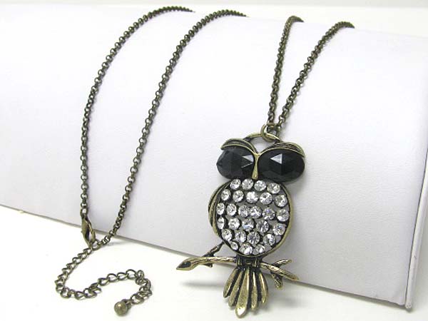 Burnish metal crystal stud owl pendant necklace