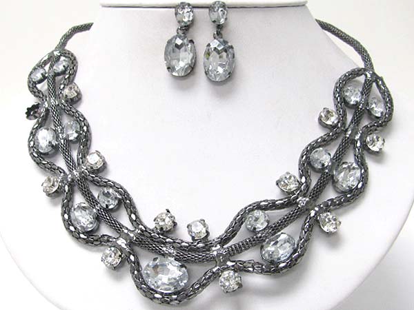 Crystal deco metal tube chain link neckalce earring set