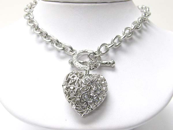 Crystal deco metal filigree heart pendant toggle necklace