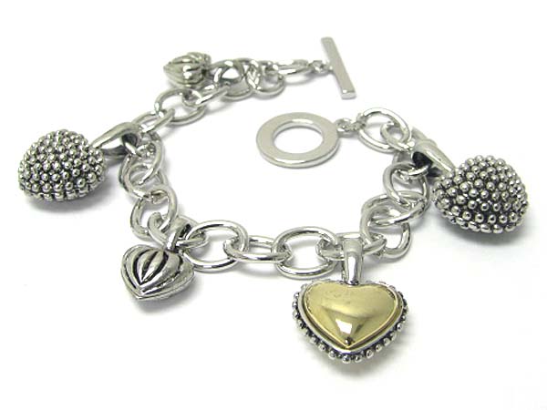 Multi metal heart charm dangle toggle bracelet