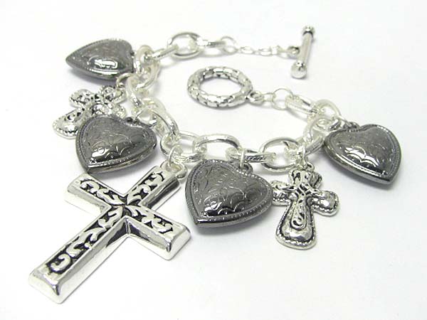 Textured metal cross and heart charm dangle bracelet