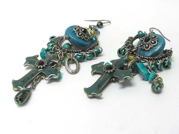 Antique style patina beads and cross dangle earring