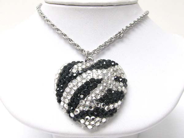 Zebra pattern crystal art deco heart pendant necklace