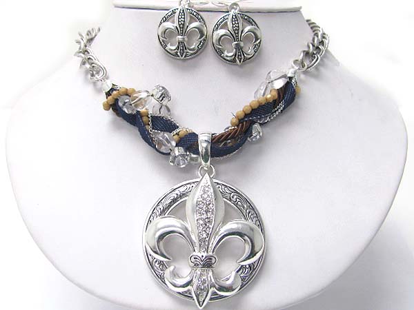 Crystal stud fleur de lis pendant denim and beads tangle front neckalce earring set