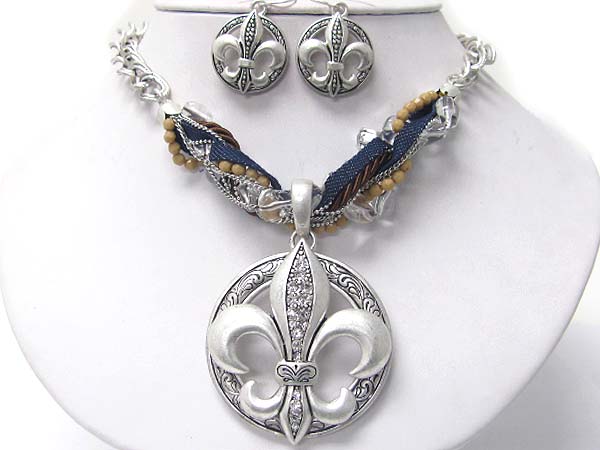 Crystal stud fleur de lis pendant denim and beads tangle front neckalce earring set