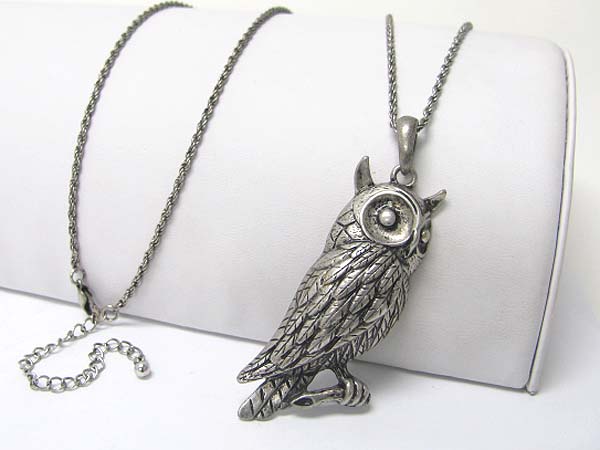 Burnish metal owl pendant long necklace