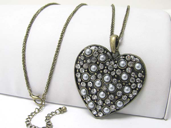 Pearl and crystal stud burnish metal heart pendant long necklace